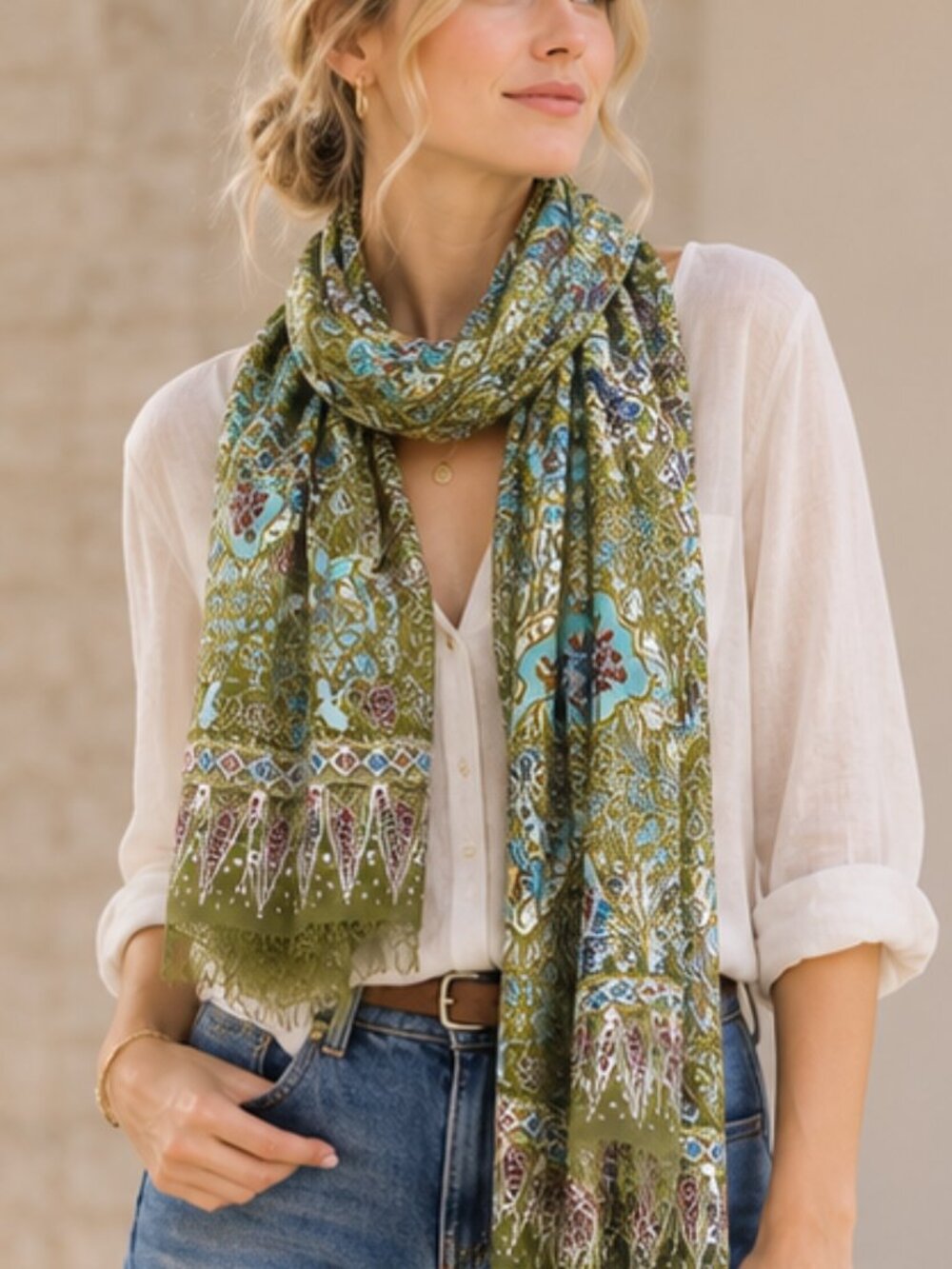Novica Bohemian Floral Print Silk Scarf in Olive and Teal 21”x 80”